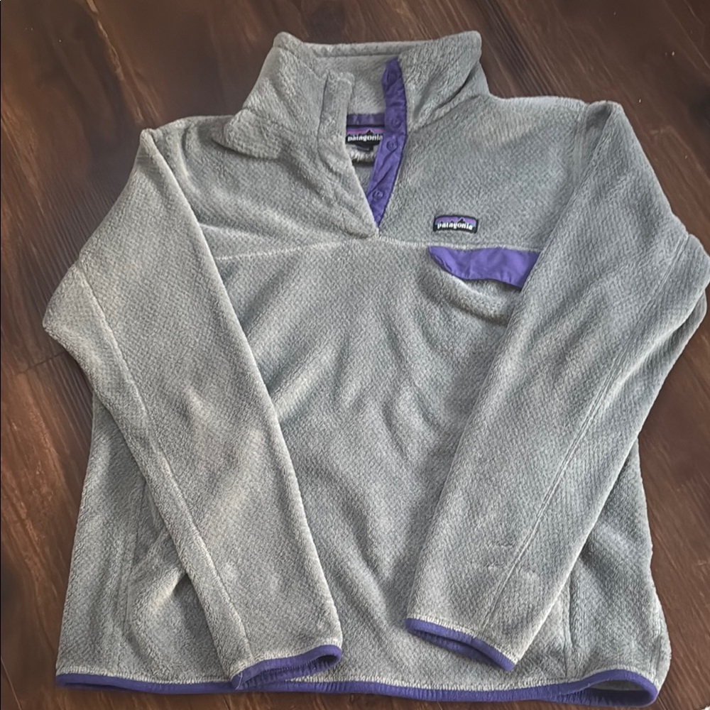 Patagonia Gray and Purple Cowl Neck Fleece Top